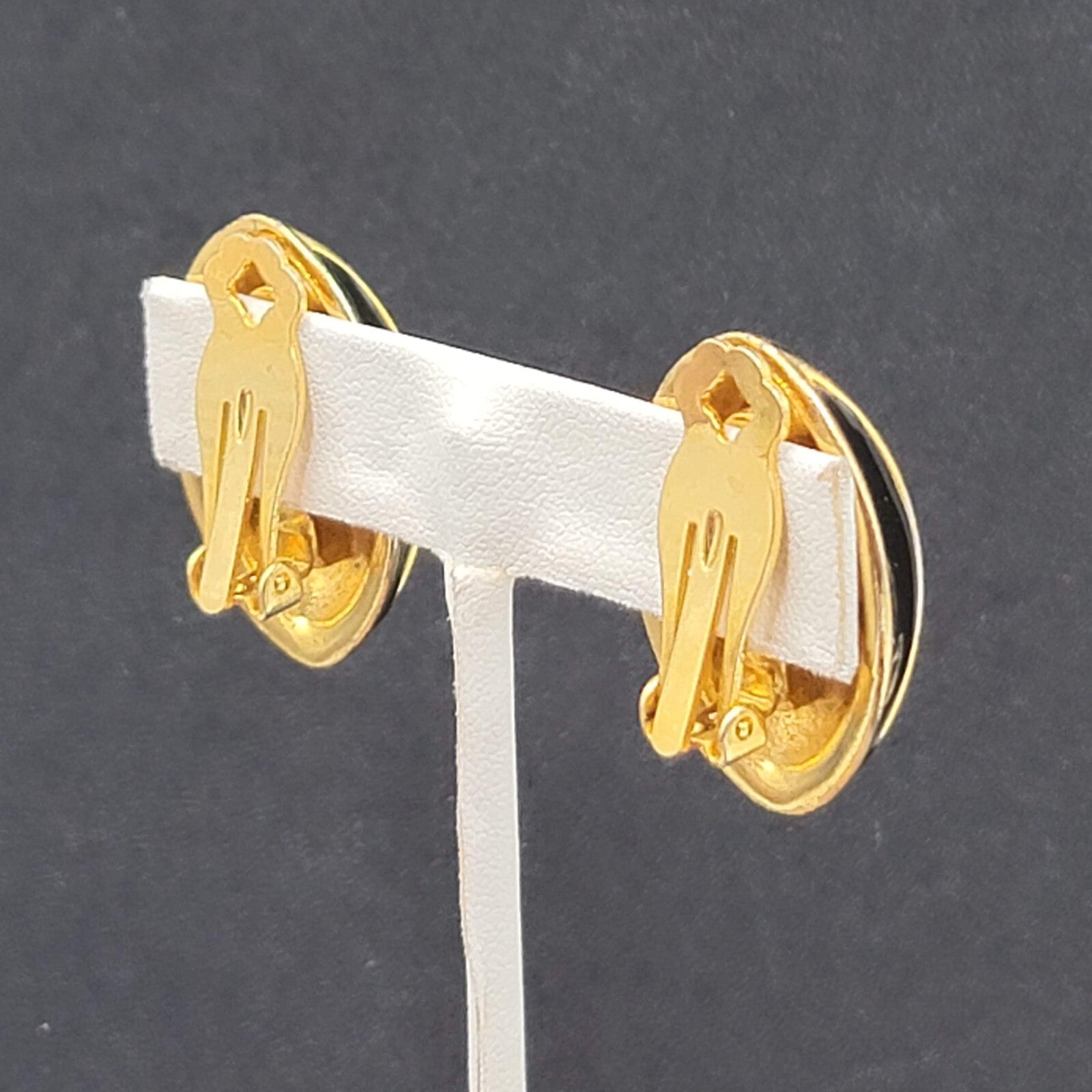 Vintage Clip on Earrings Gold Plated Black Enamel Drop Statement 1.25"