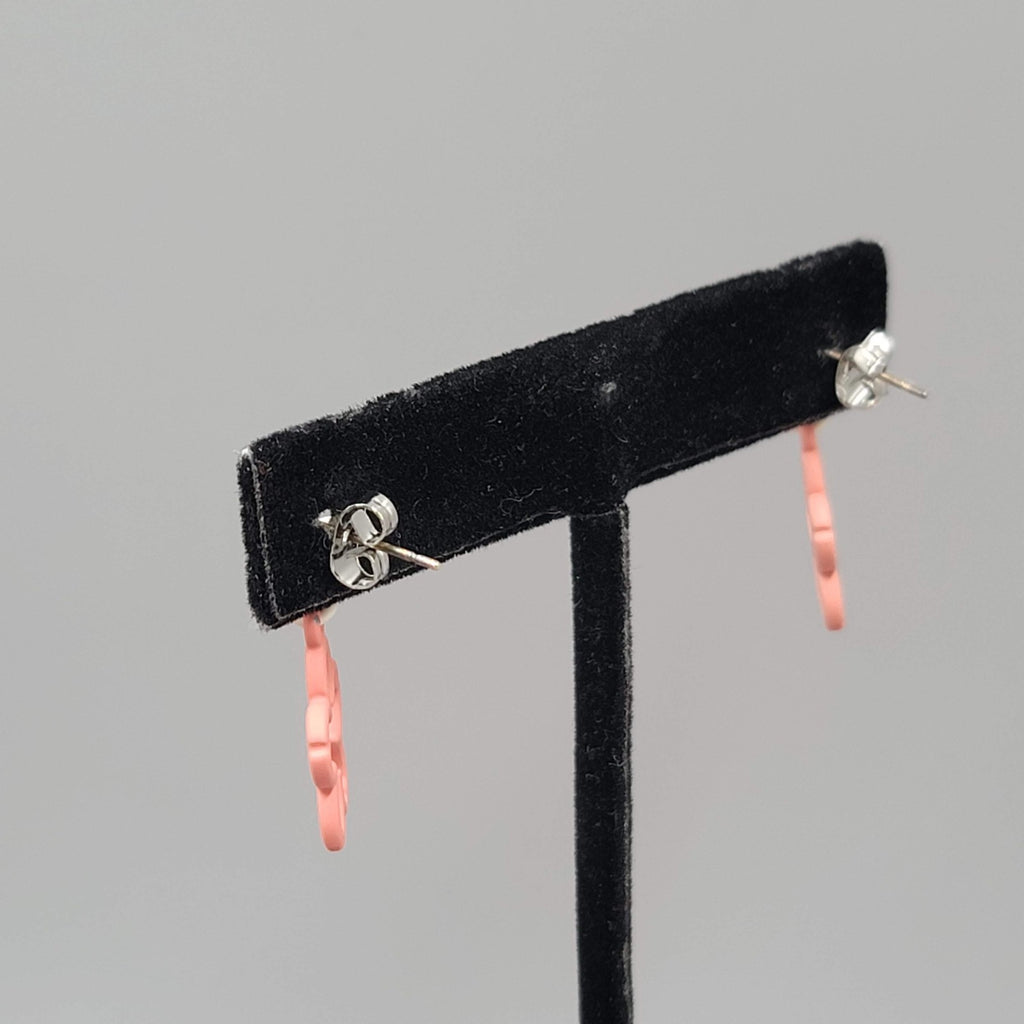 White Heart Pink Flowers Pierced Earrings Matte Enamel Dangle 1 in
