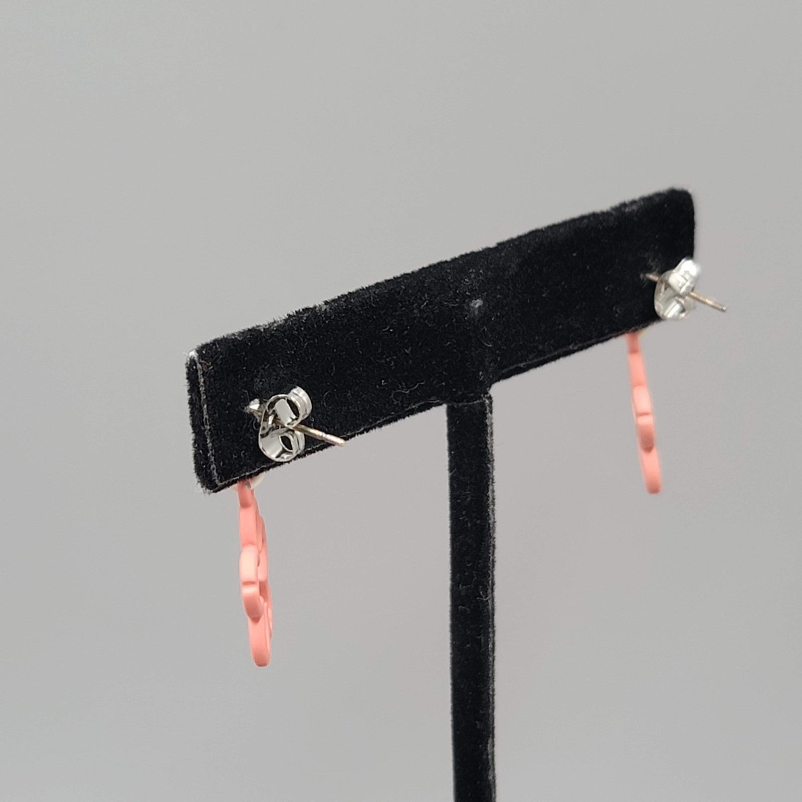 White Heart Pink Flowers Pierced Earrings Matte Enamel Dangle 1 in