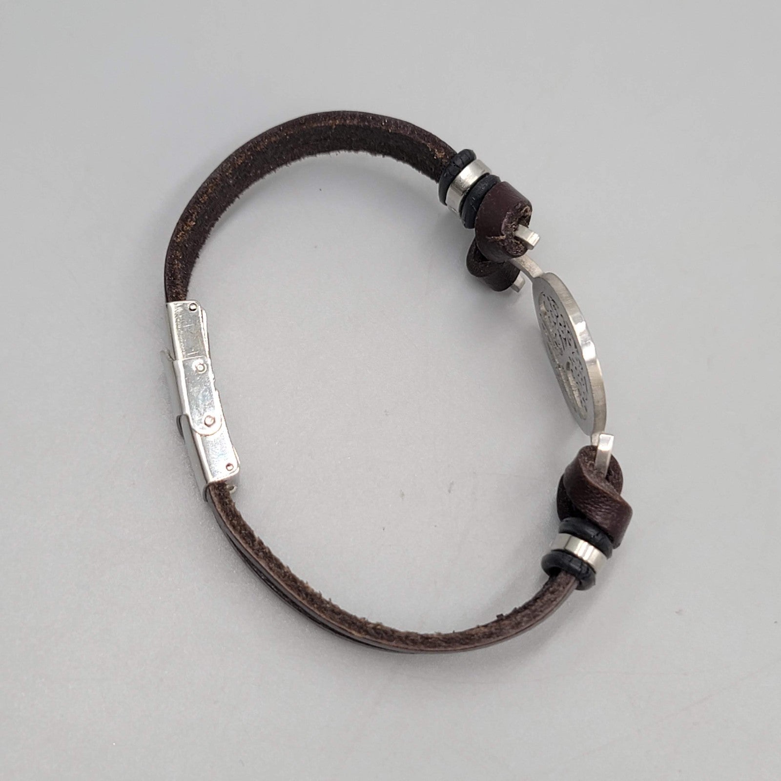 Tree Medallion Stainless Steel Bracelet Brown Leather Unisex 7"