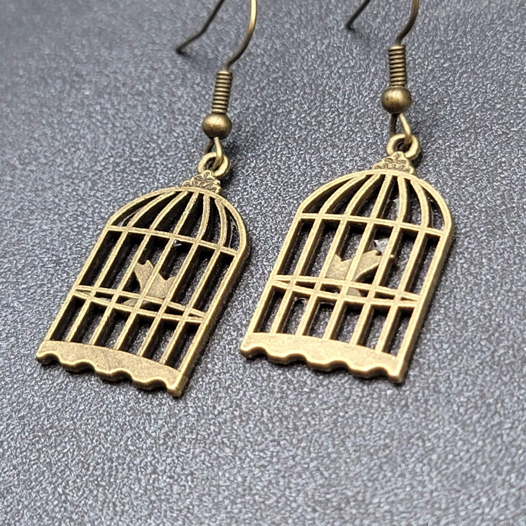New Bird in the Cage Pierced Earrings Bronze tone Dangle 1"