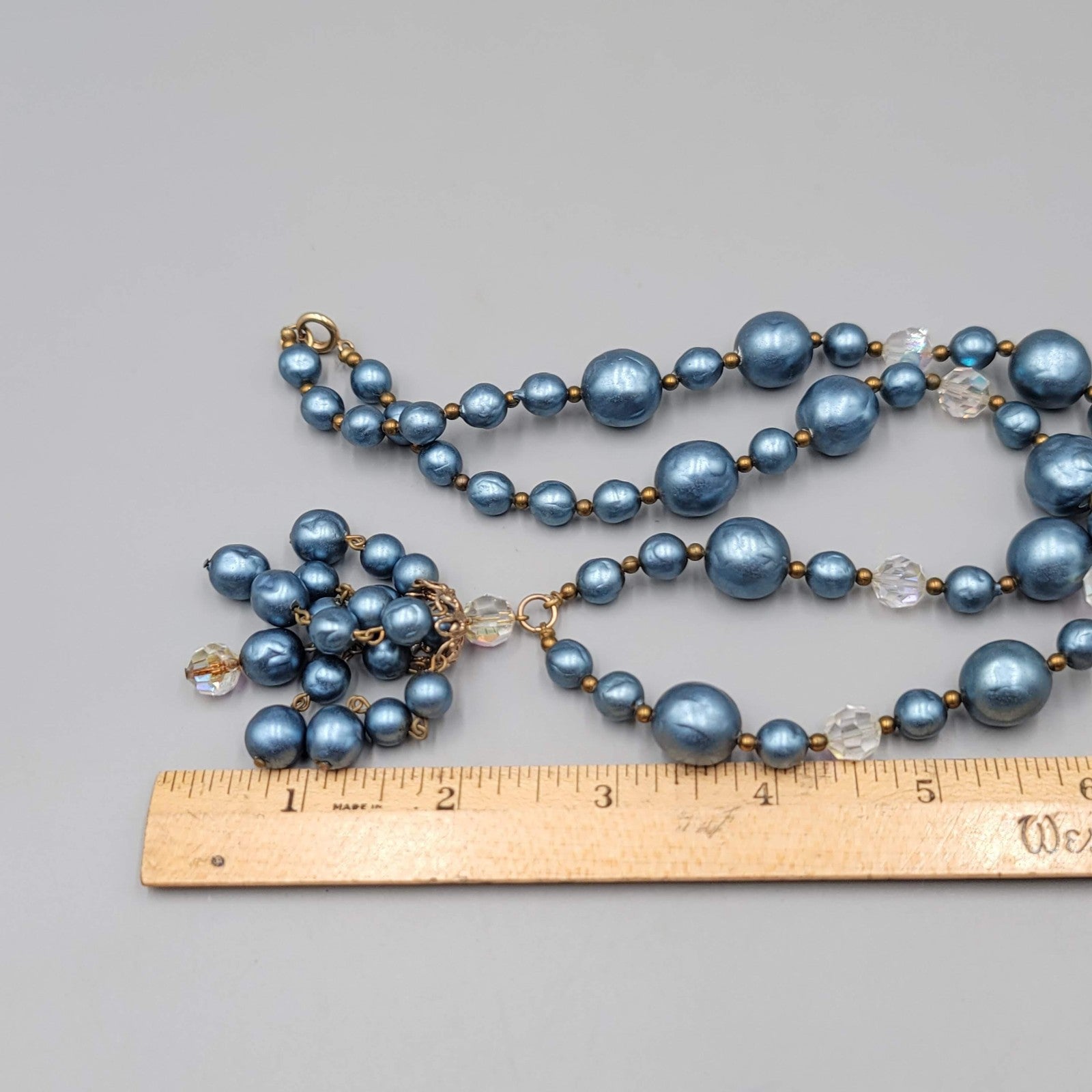 Vintage Faux Pearl Bead Necklace 24" Crystal Aurora Borealis Dangle Gold Tone