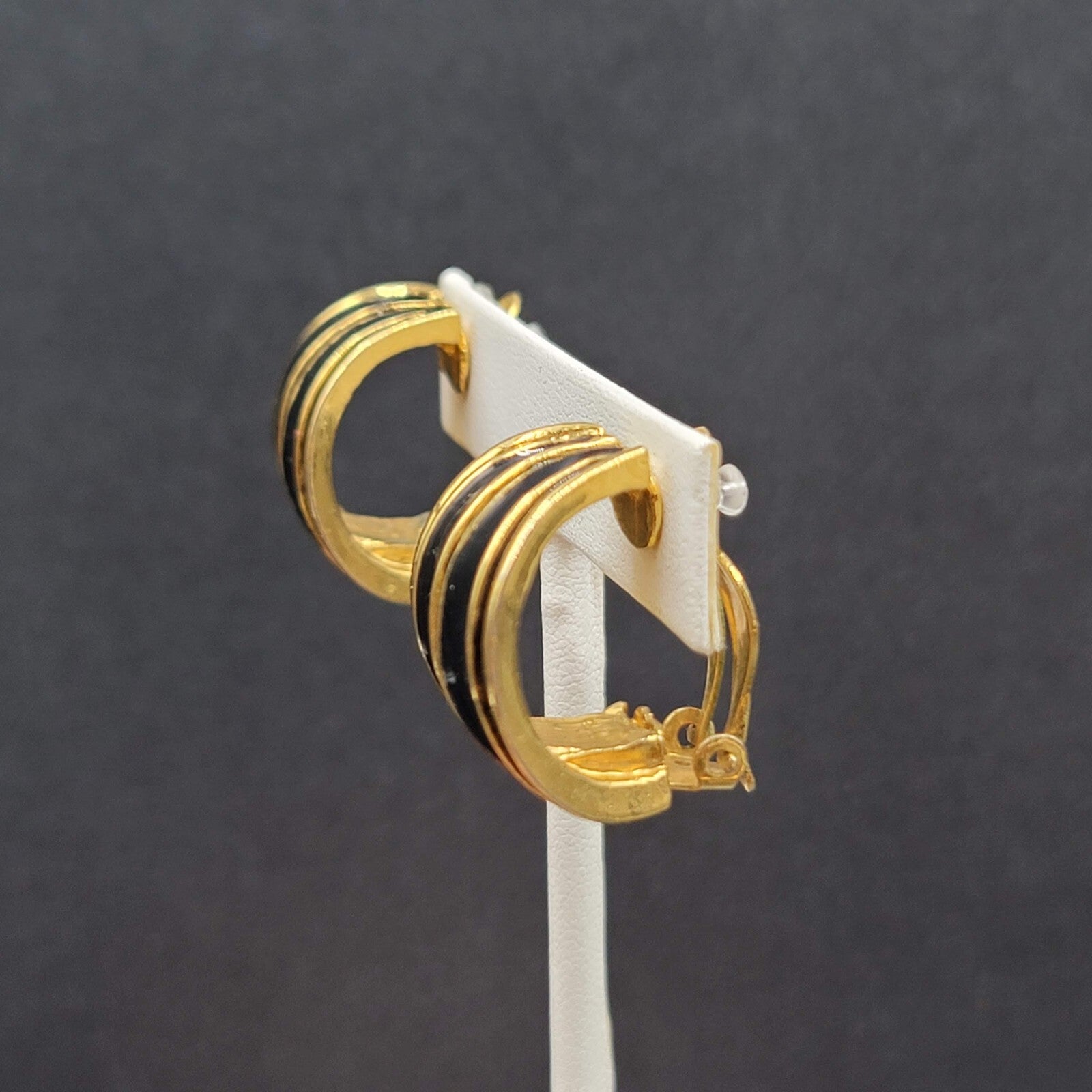 Vintage Clip on Earrings Large Gold Plated Black Enamel Drop Half Hoops 1"