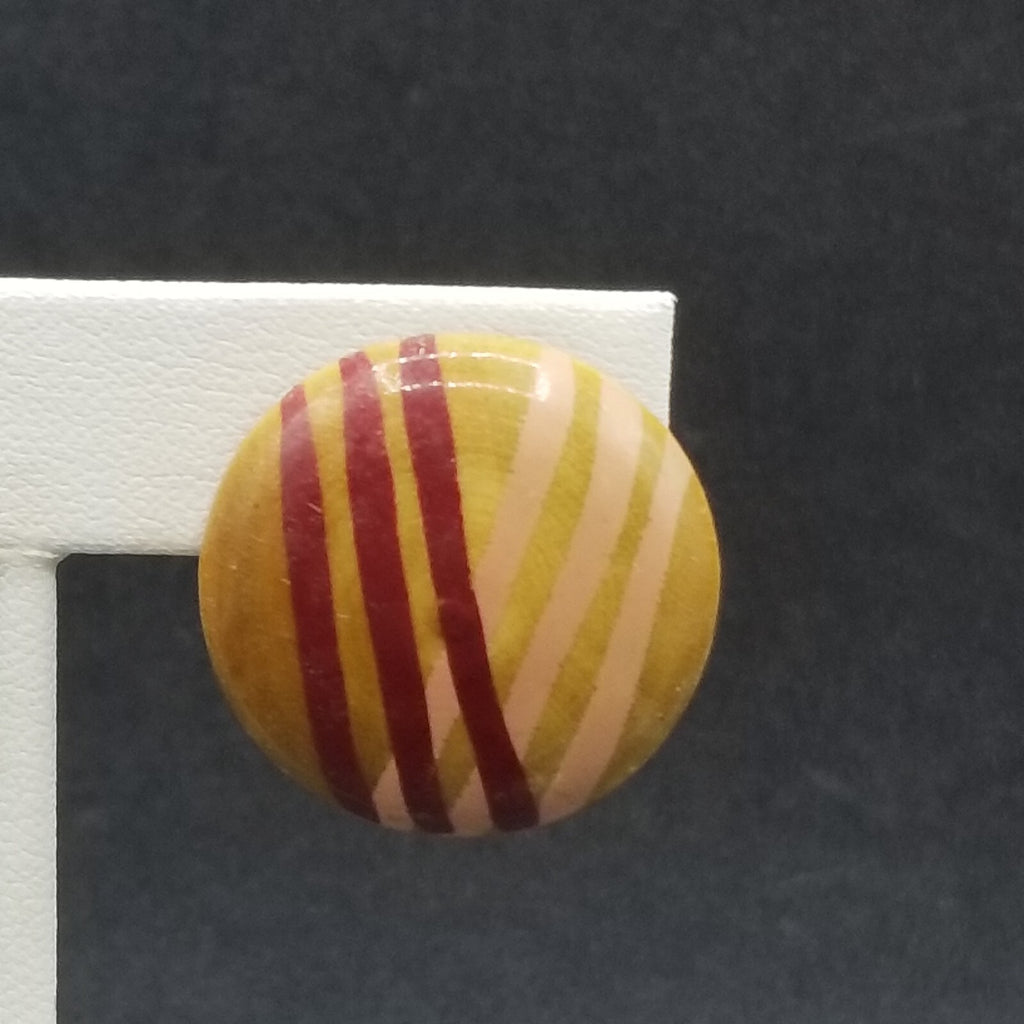 Vintage Clip on Earrings Pink Red Painted Wood Dome Button Statement Stud 1"