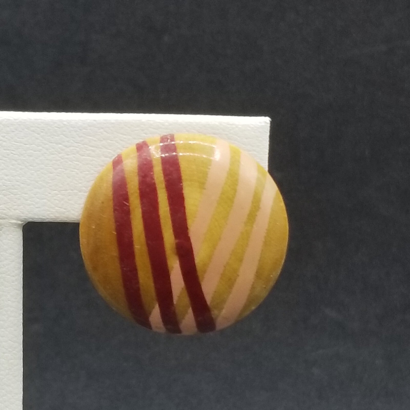 Vintage Clip on Earrings Pink Red Painted Wood Dome Button Statement Stud 1"