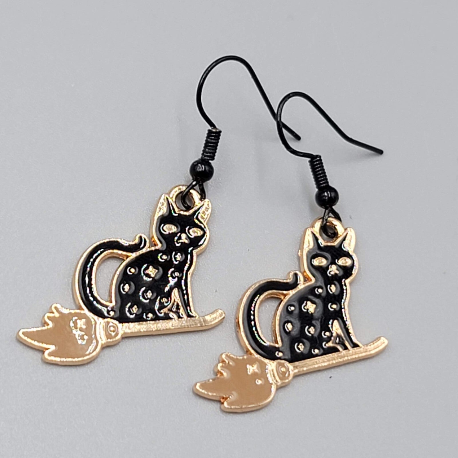 Black Cat Riding Broom Pierced Earrings Enamel Gold tone Dangle New 1"