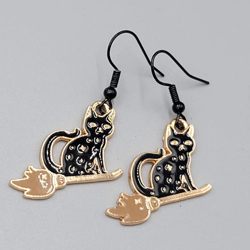 Black Cat Riding Broom Pierced Earrings Enamel Gold tone Dangle New 1"