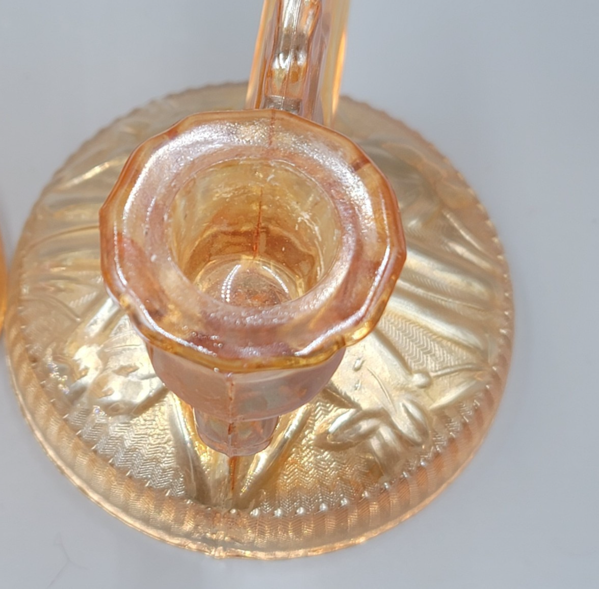 Jeanette Carnival Glass Double Candle Holder Marigold Iridescent Glass