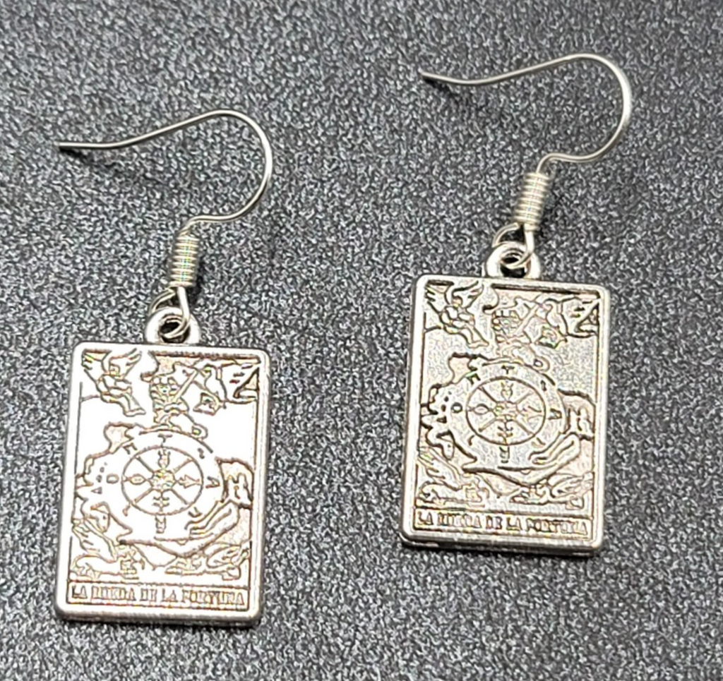 La Rueda de la Fortuna Tarot Card Pierced Earrings Silver tone 1"