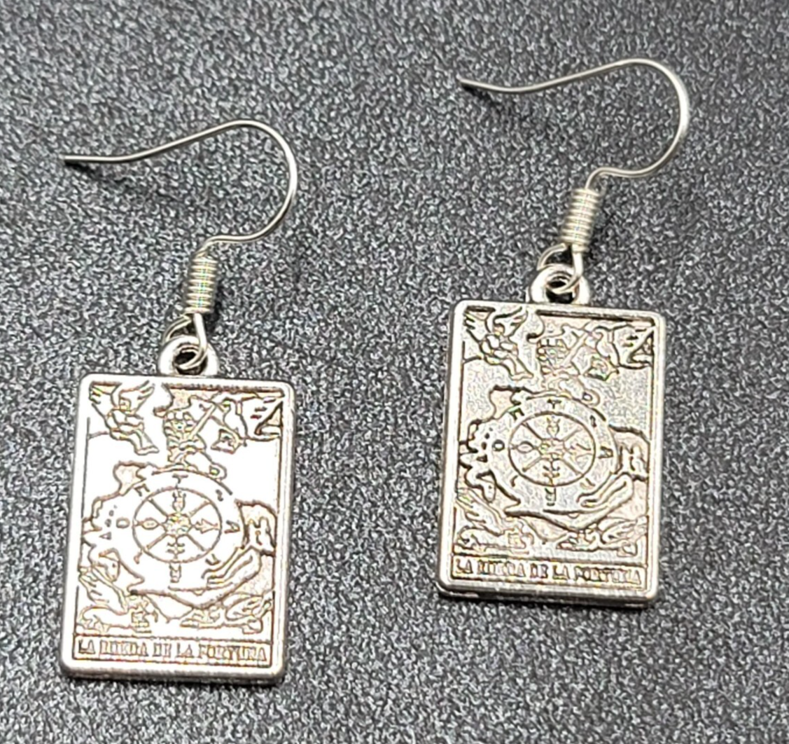 La Rueda de la Fortuna Tarot Card Pierced Earrings Silver tone 1"