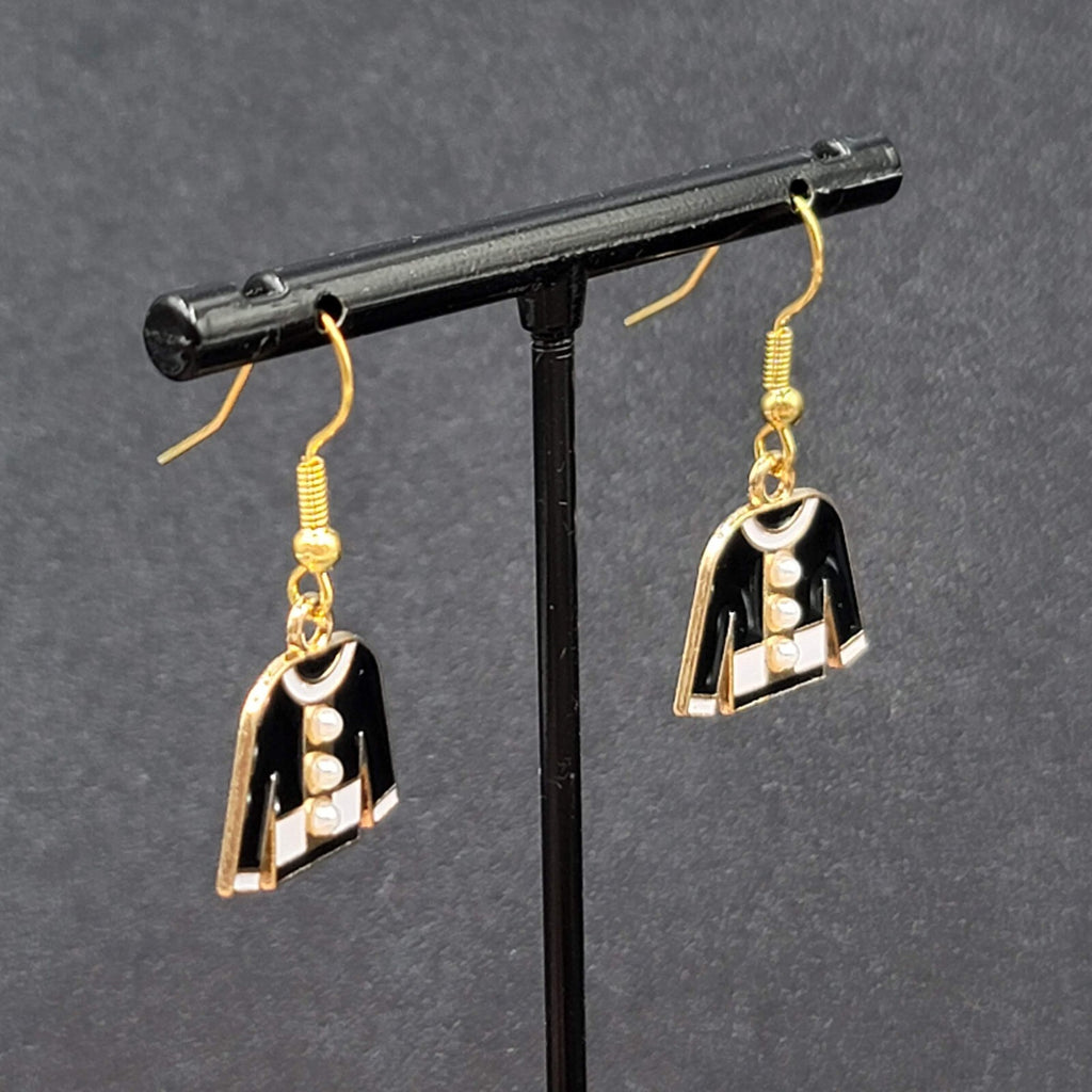Fashion Sweater Pierced Earrings Gold tone Black Enamel Dangle 5/8"