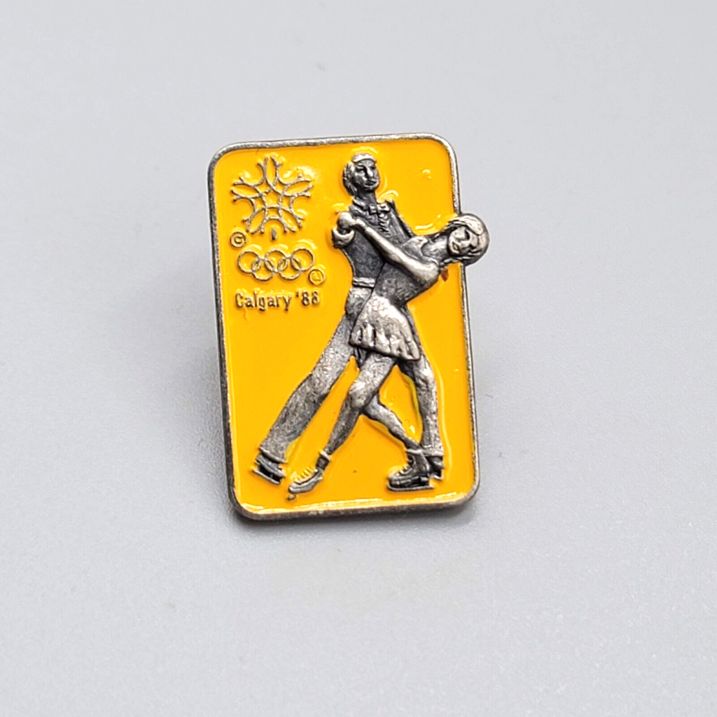 Calgary 88 Olympic Winter Games Lapel Pin Ice Skating Couples Yellow Enamel 1"