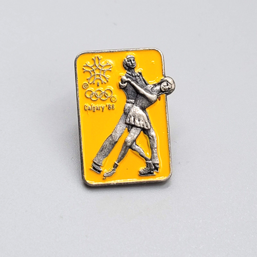 Calgary 88 Olympic Winter Games Lapel Pin Ice Skating Couples Yellow Enamel 1"
