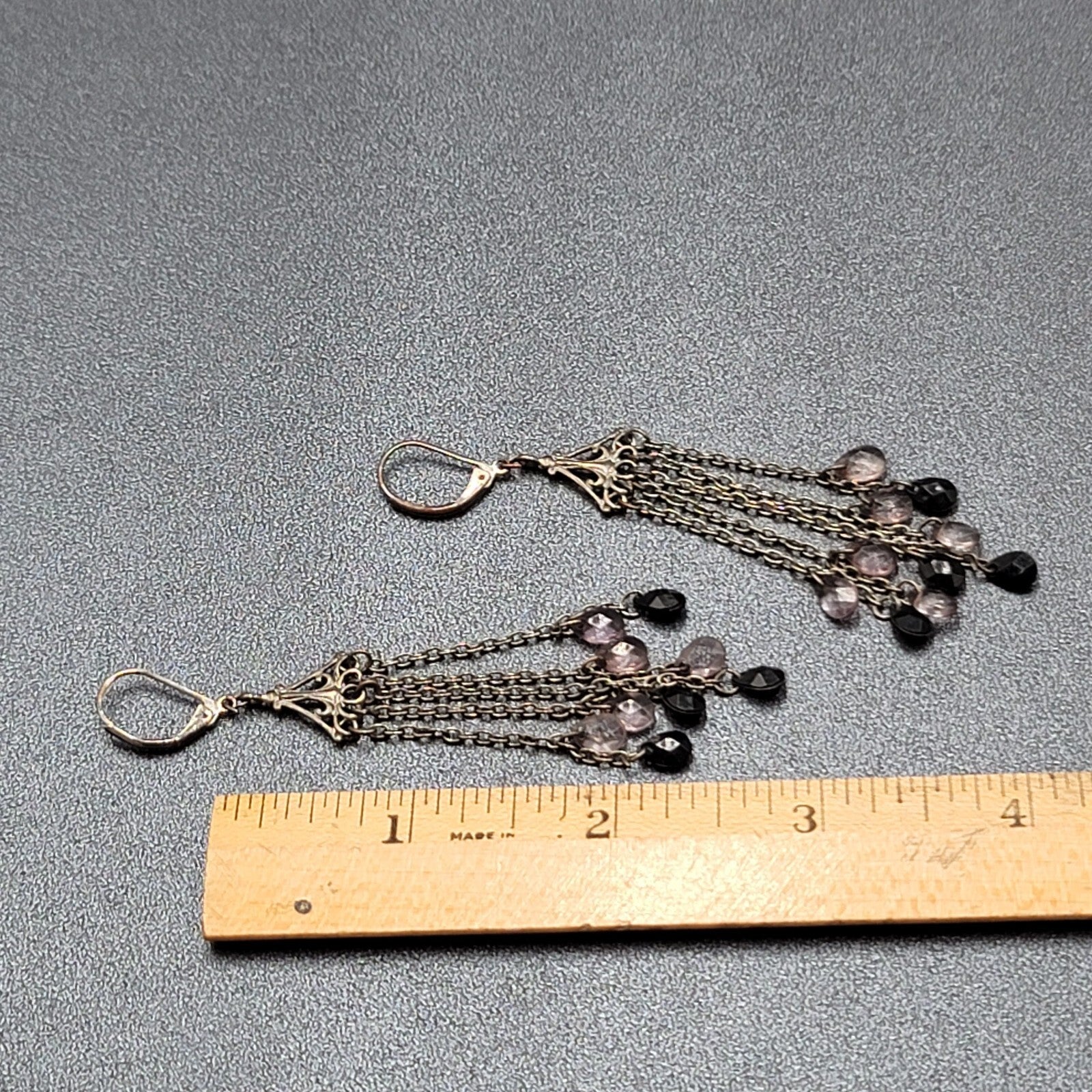 Pierced Earrings Gun Metal Gray Multi Chain Purple Black Beads 2 7/8"