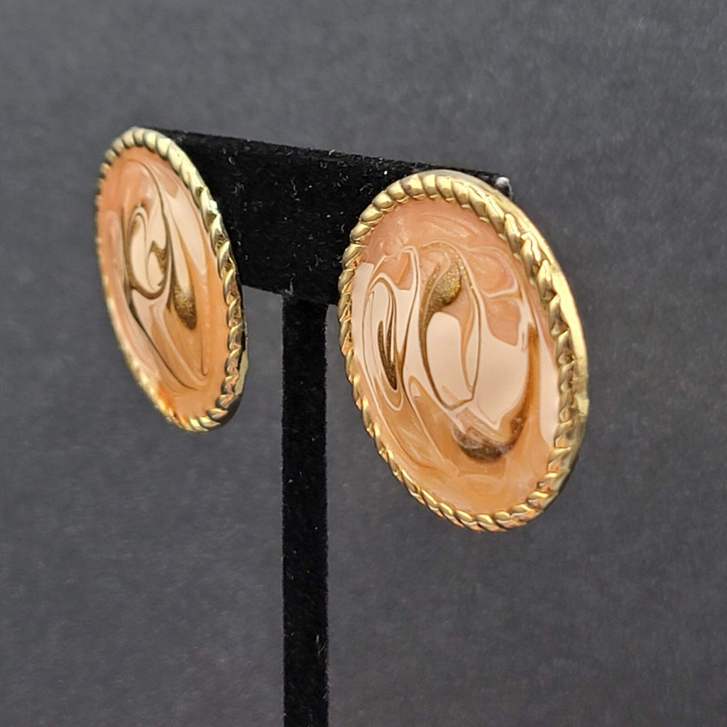Vintage Clip on Earrings Gold tone Pink Enamel Swirl Round 1.5"