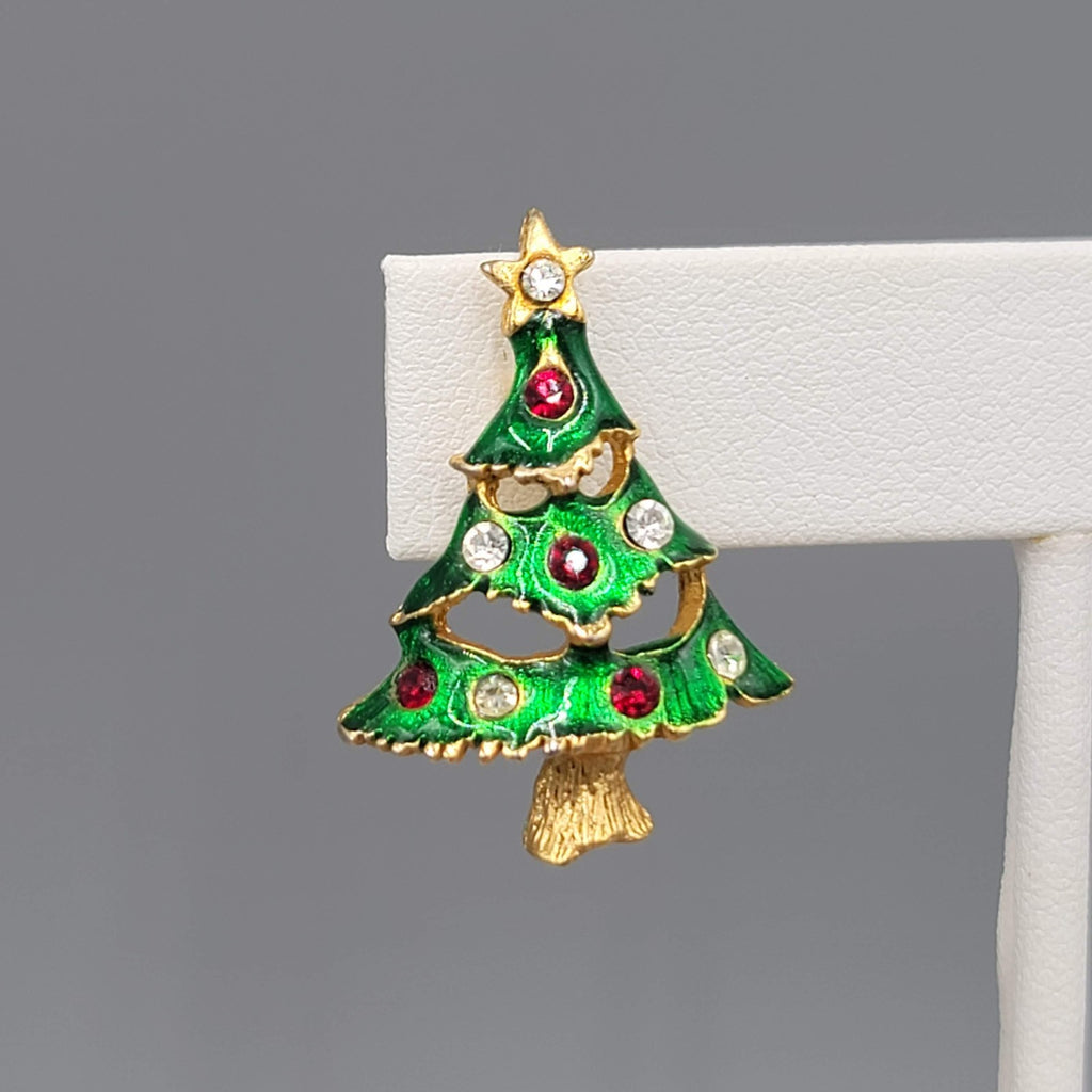 Christmas Tree Pierced Earrings Gold tone Enamel Rhinestone 1 1/8"