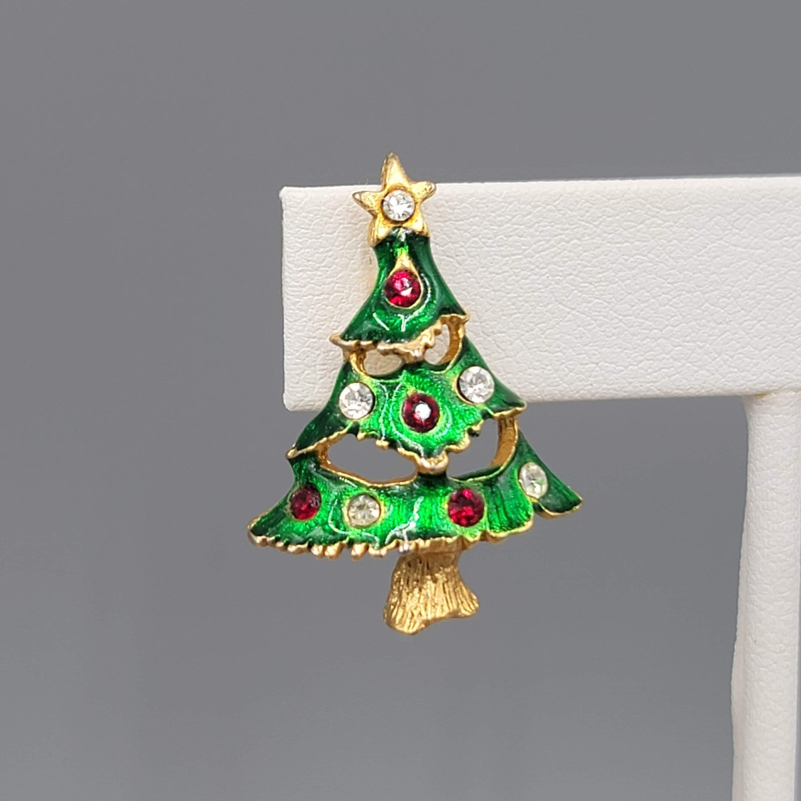 Christmas Tree Pierced Earrings Gold tone Enamel Rhinestone 1 1/8"