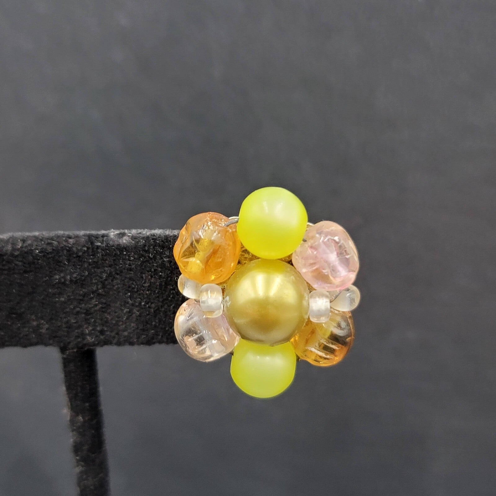 Vintage Clip on Earrings Yellow Green Pink Acrylic Cluster Bead Studs 1"