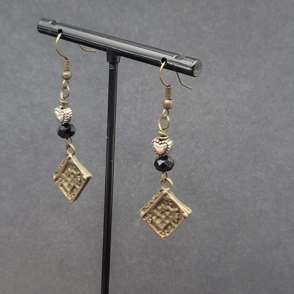 Pierced Earrings Bronze tone Heart Beaded Book Charm Dangle 1 5/8"