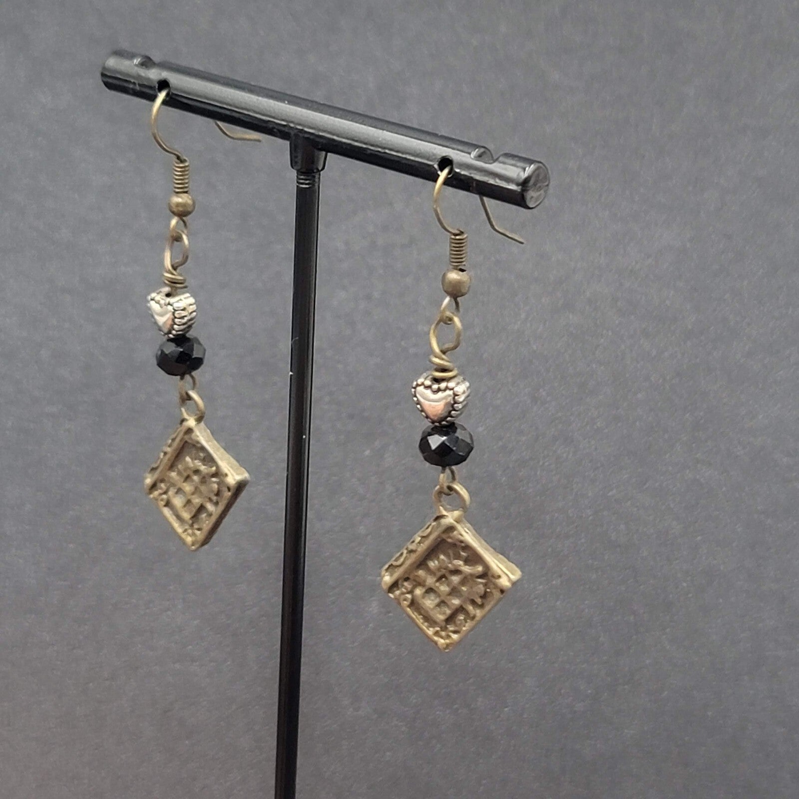 Pierced Earrings Bronze tone Heart Beaded Book Charm Dangle 1 5/8"