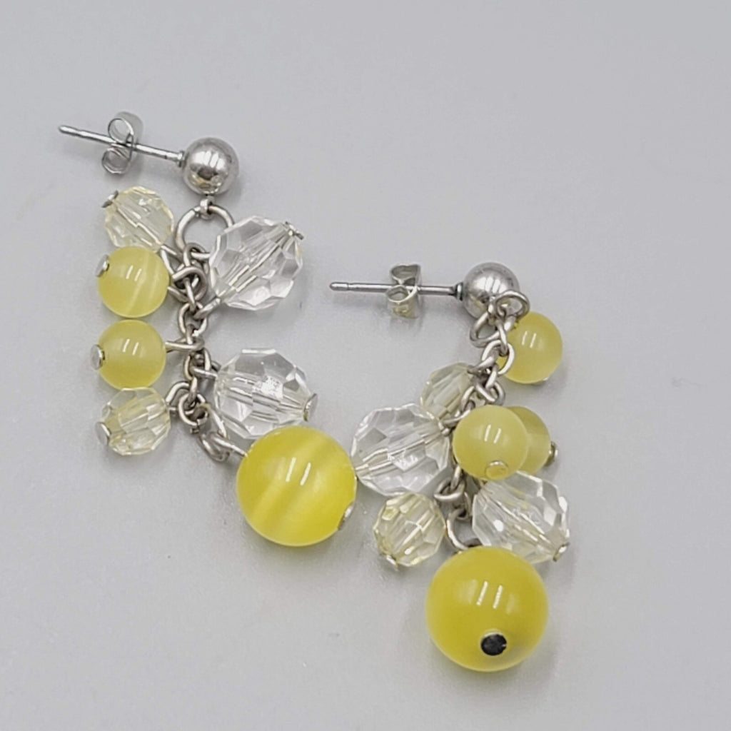Pierced Earrings Silver tone Yellow Glass Bead Dangle 1.75"