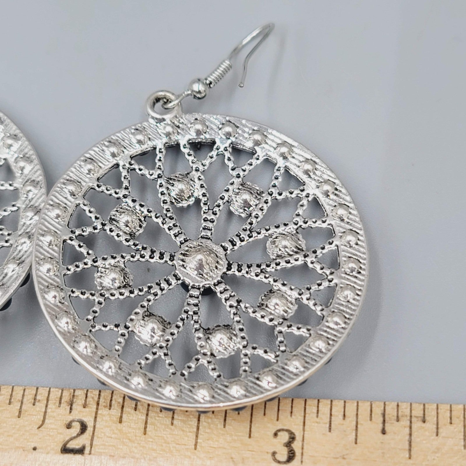 Round Blue Bead Dangle Pierced Earrings Silver Tone Statement 1.5"