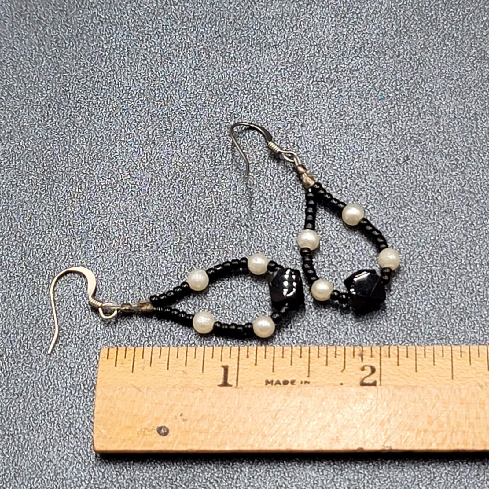 Pierced Earrings White Black Beaded Teardrop Hoops 1 3/8"