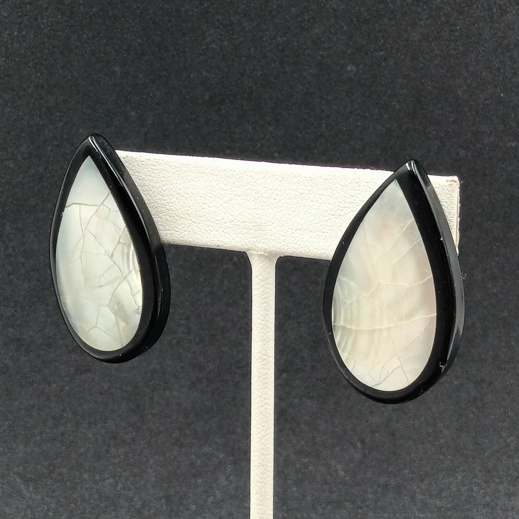 Vintage Pierced Earrings Mother of Pearl Inlaid Black Acrylic Teardrop Drop 1.5"