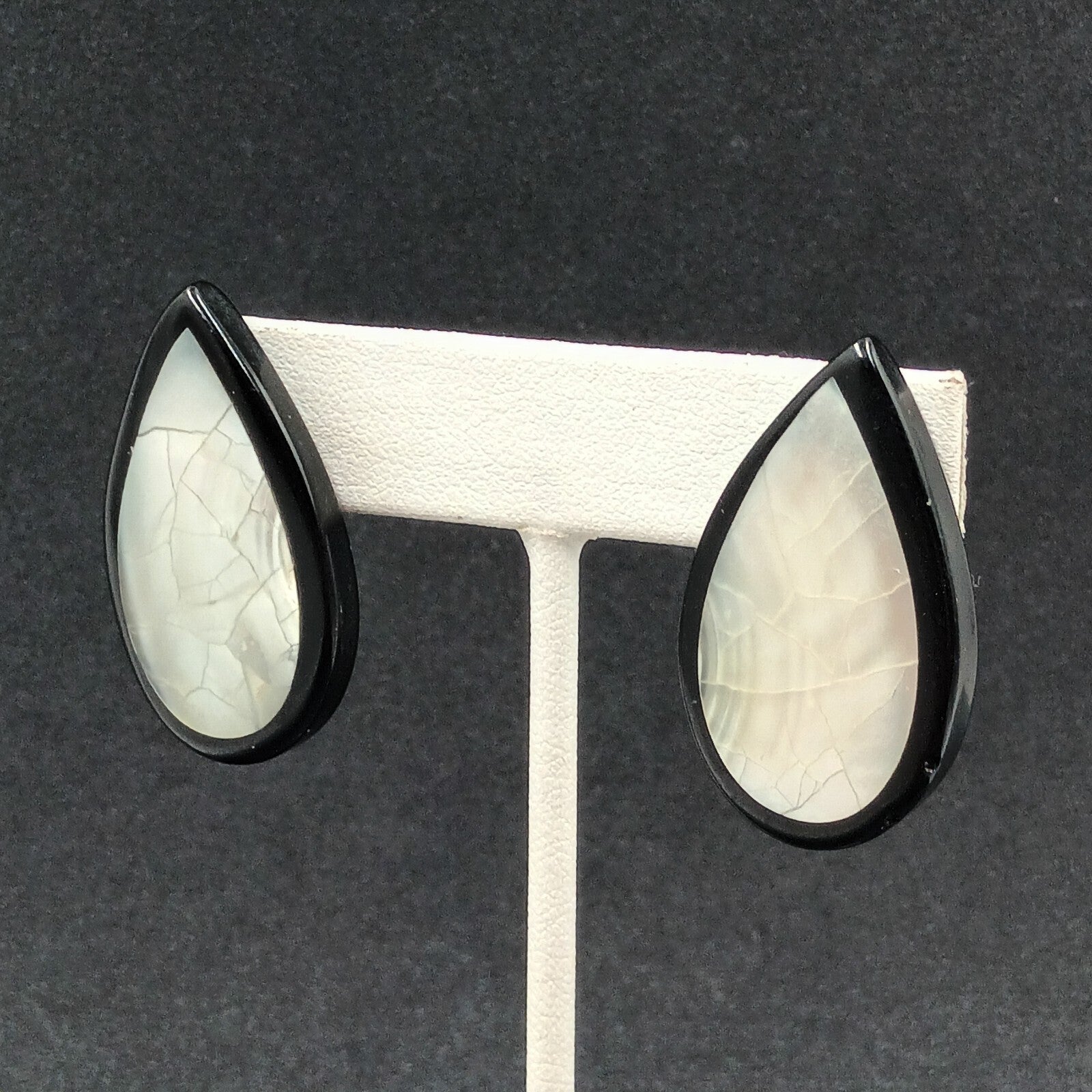 Vintage Pierced Earrings Mother of Pearl Inlaid Black Acrylic Teardrop Drop 1.5"