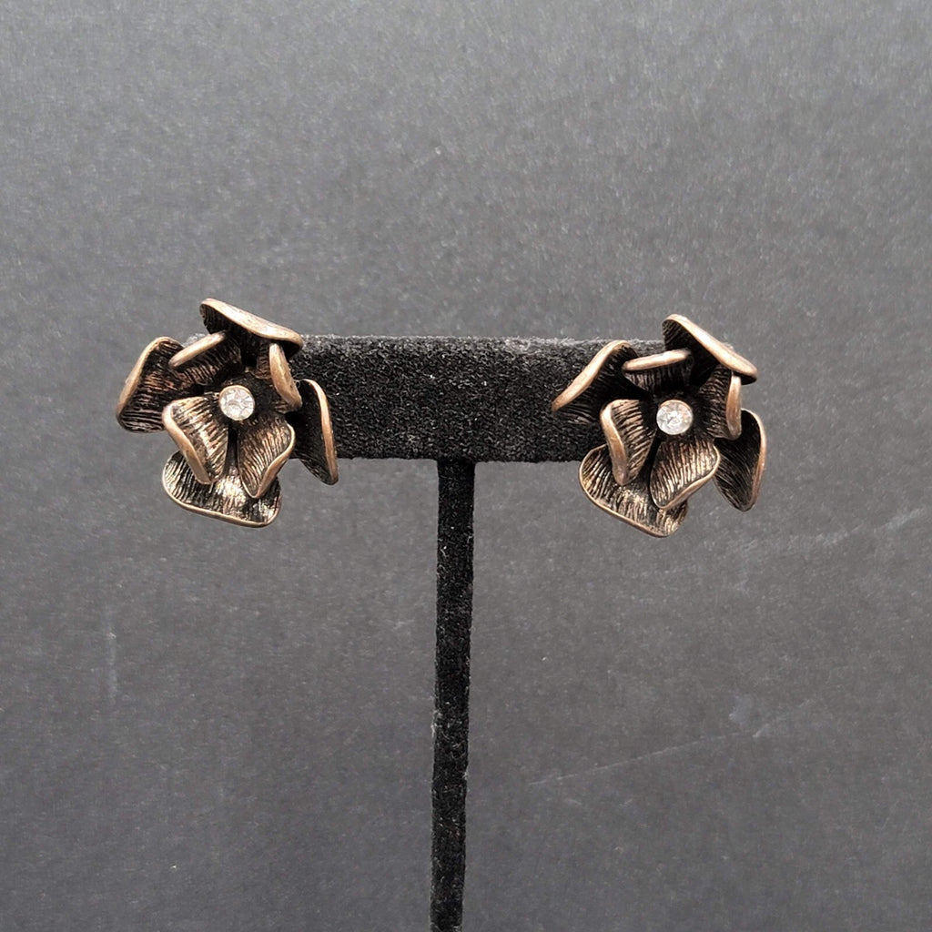 Flower Pierced Earrings Copper tone Rhinestone Drop 1"