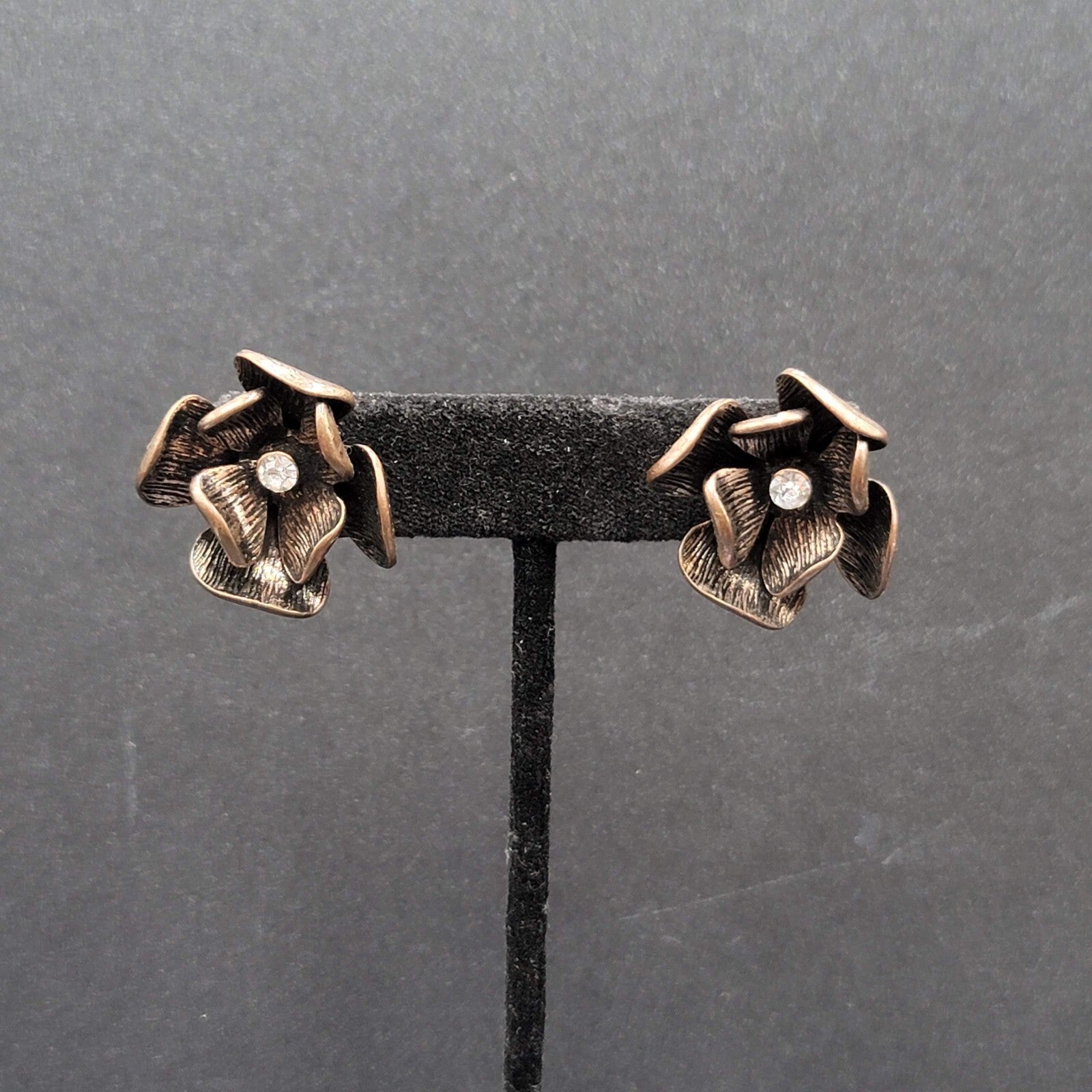 Flower Pierced Earrings Copper tone Rhinestone Drop 1"