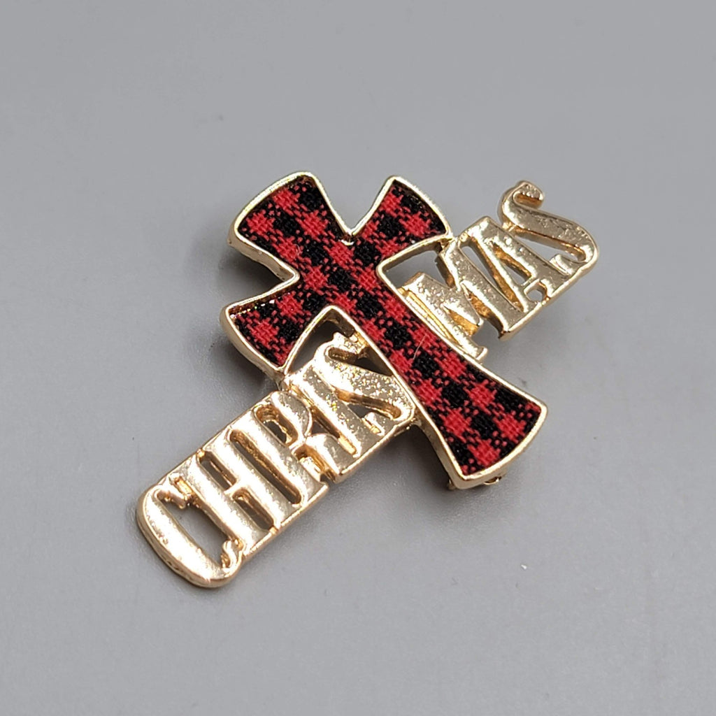 Vintage Christmas Brooch Plaid Flannel Cross Gold tone 2"