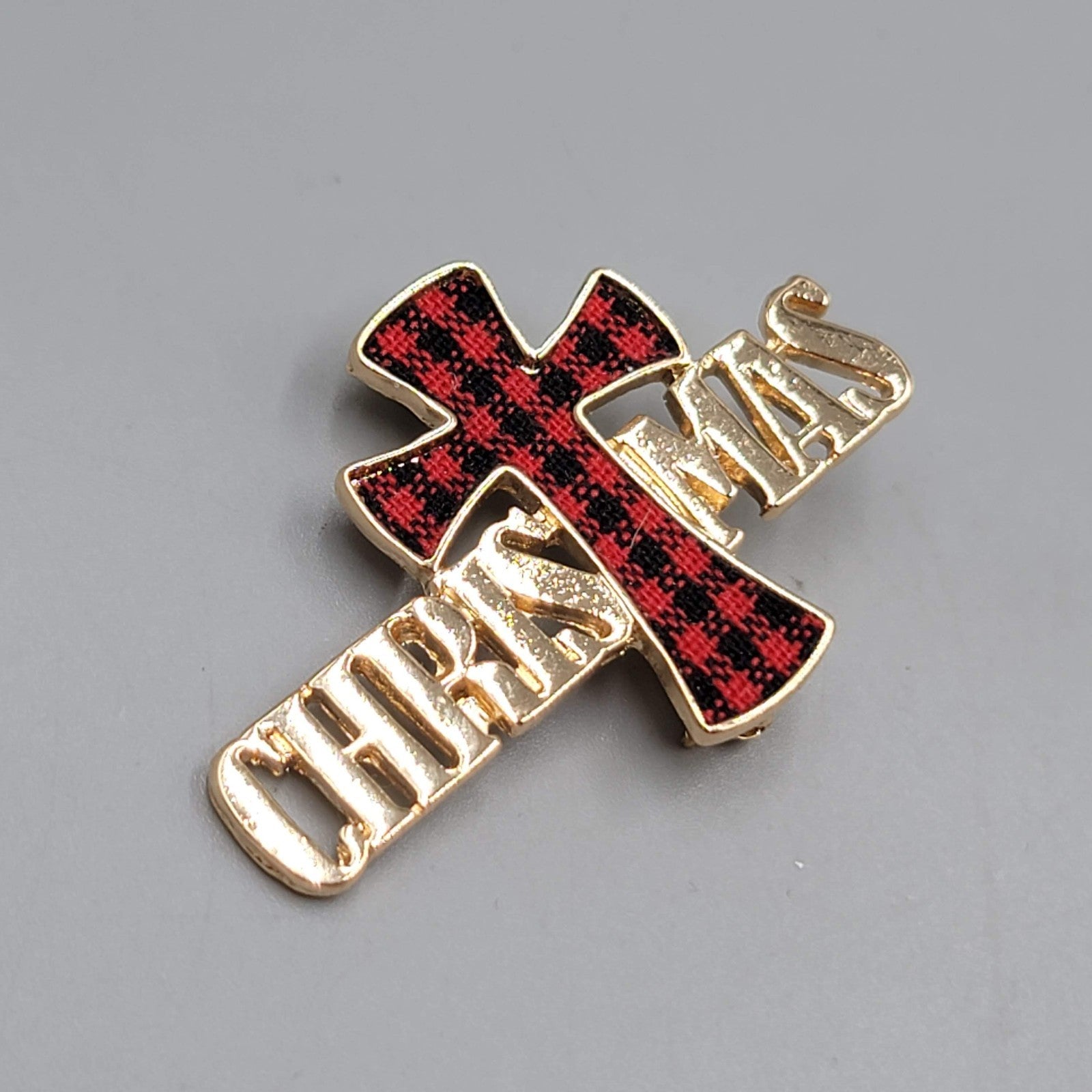 Vintage Christmas Brooch Plaid Flannel Cross Gold tone 2"