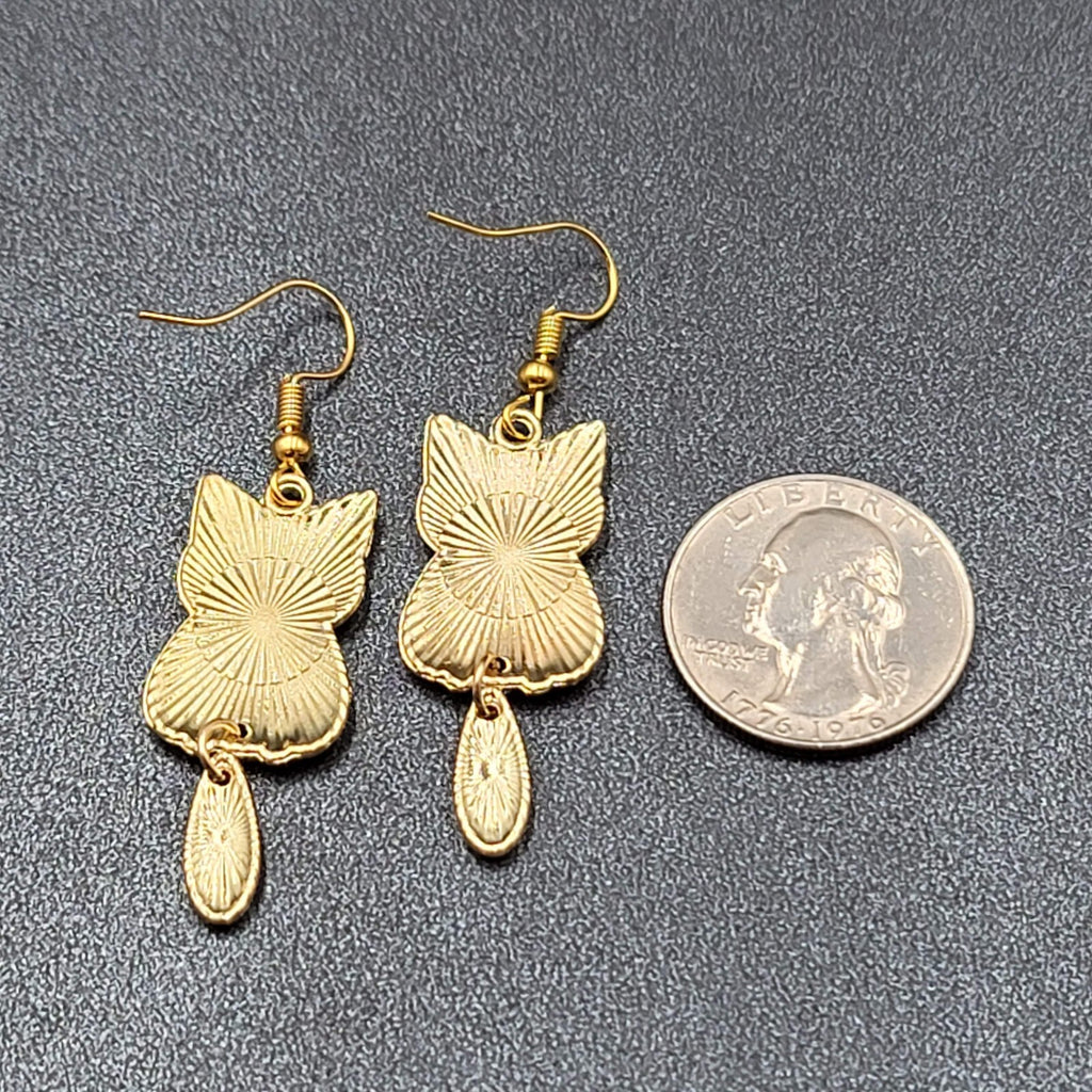 Tabby Kitty Cat Pierced Earrings Gold tone Dangle Tail 1.5"