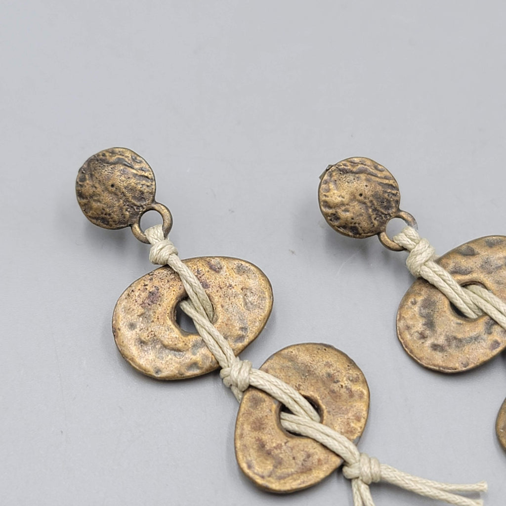 Bronze tone Drop Pierced Earrings Beige Cord Boho 3 in