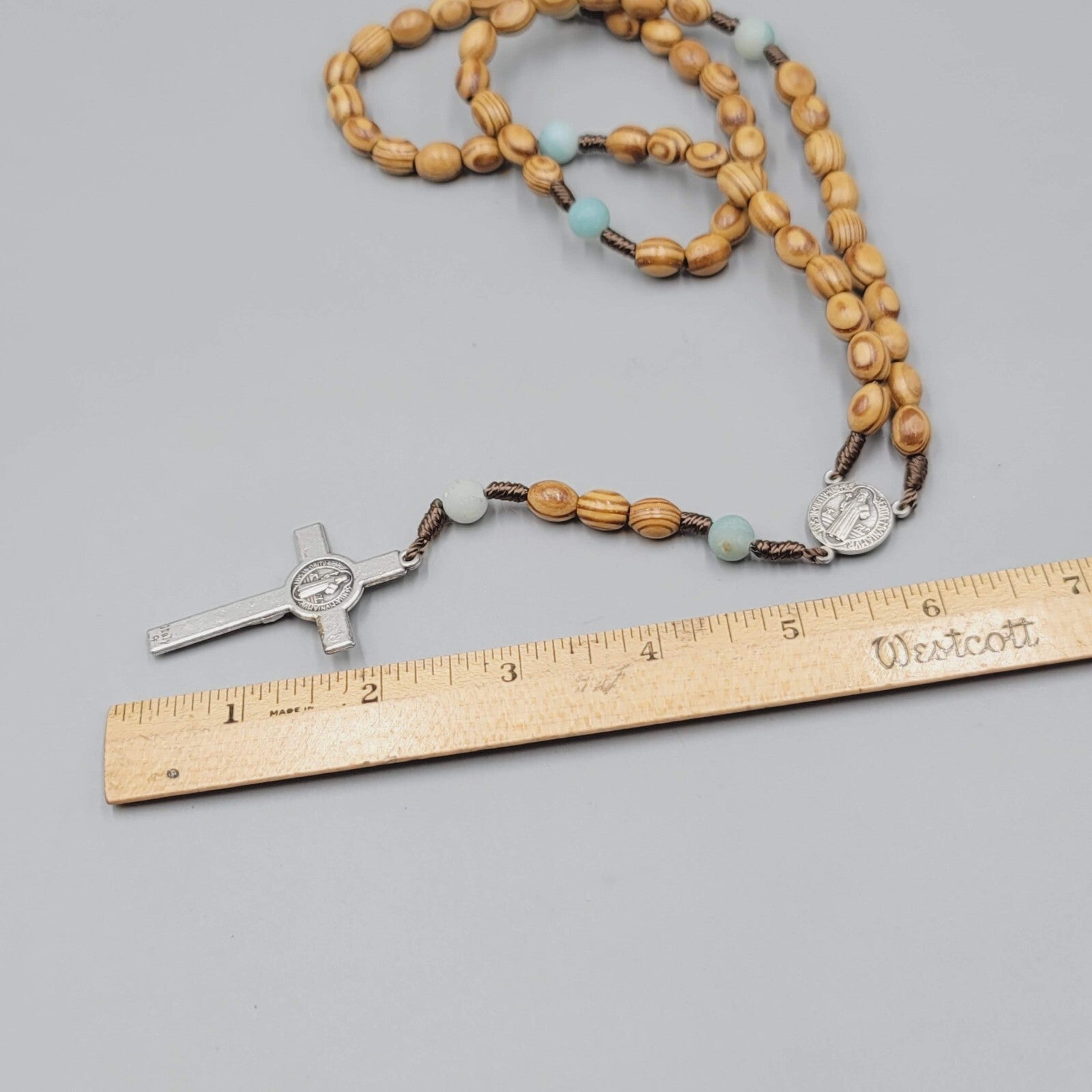 Catholic Rosary Crucifix Wood Beads Silver tone