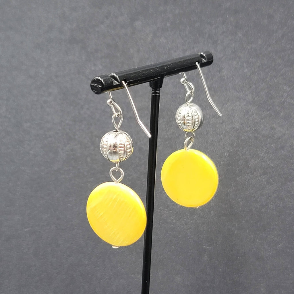 Pierced Earrings Silver tone Yellow Shell Round Bead 1.5"