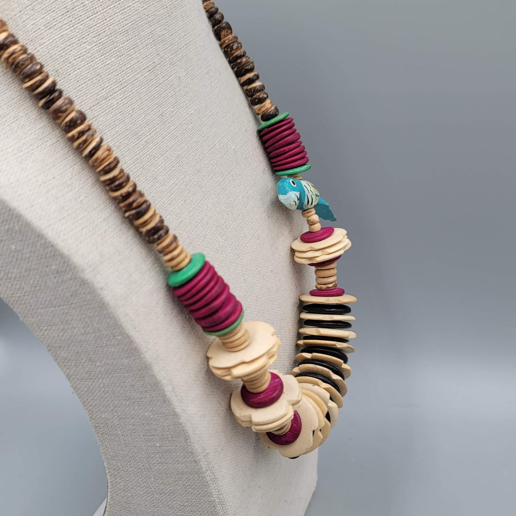 Vintage Coconut Wood Bead Necklace Bird Hand Painted 22" Estate Costume Jewelry