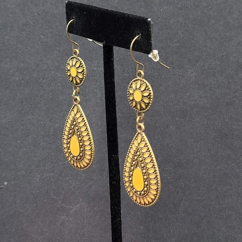 New Boho Pierced Earrings Antiqued Gold tone Lt Orange Enamel Teardrop Dangle 2"