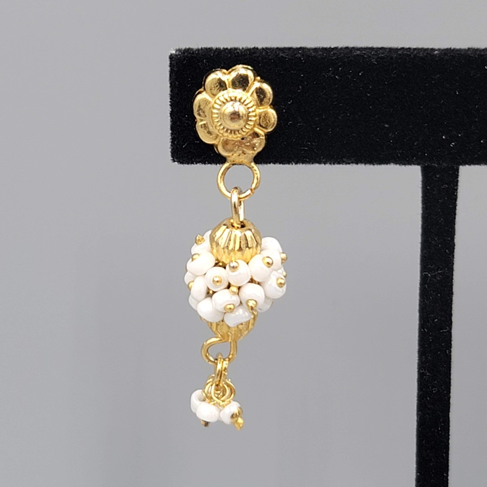 India Gold Plated Pierced Earrings White Bead Dangle 1.5"