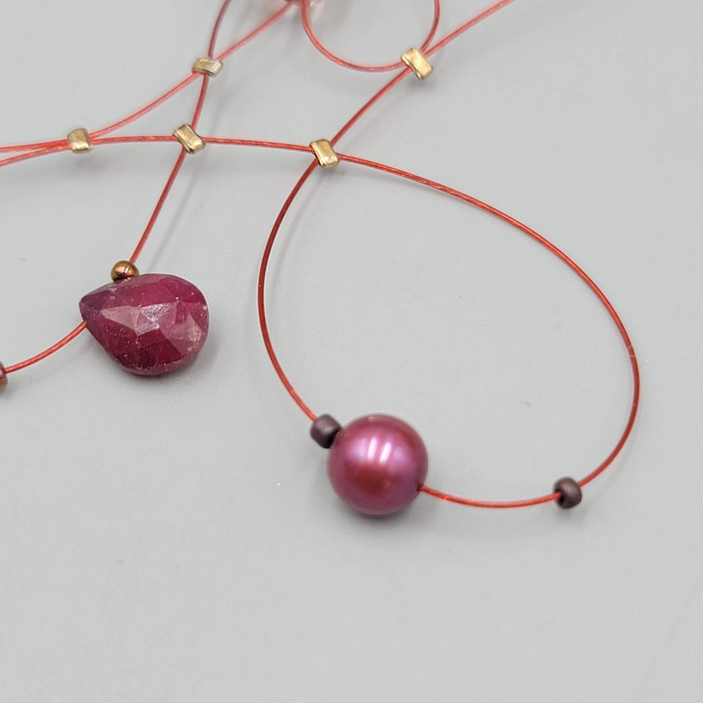 Red Modernist Bead Necklace Twist Cord 16"-18"