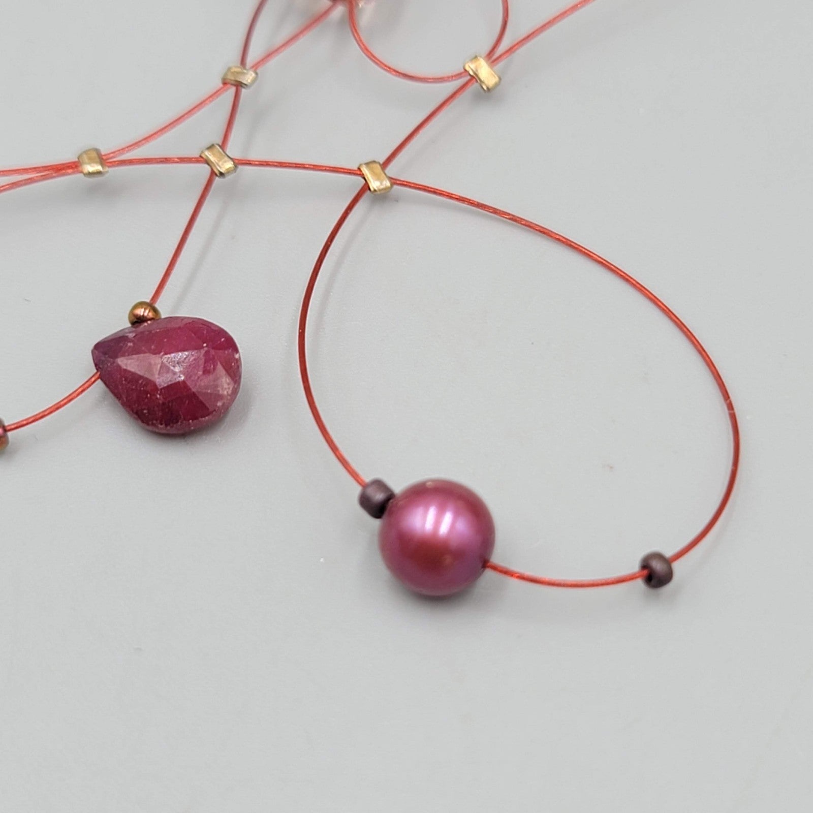 Red Modernist Bead Necklace Twist Cord 16"-18"