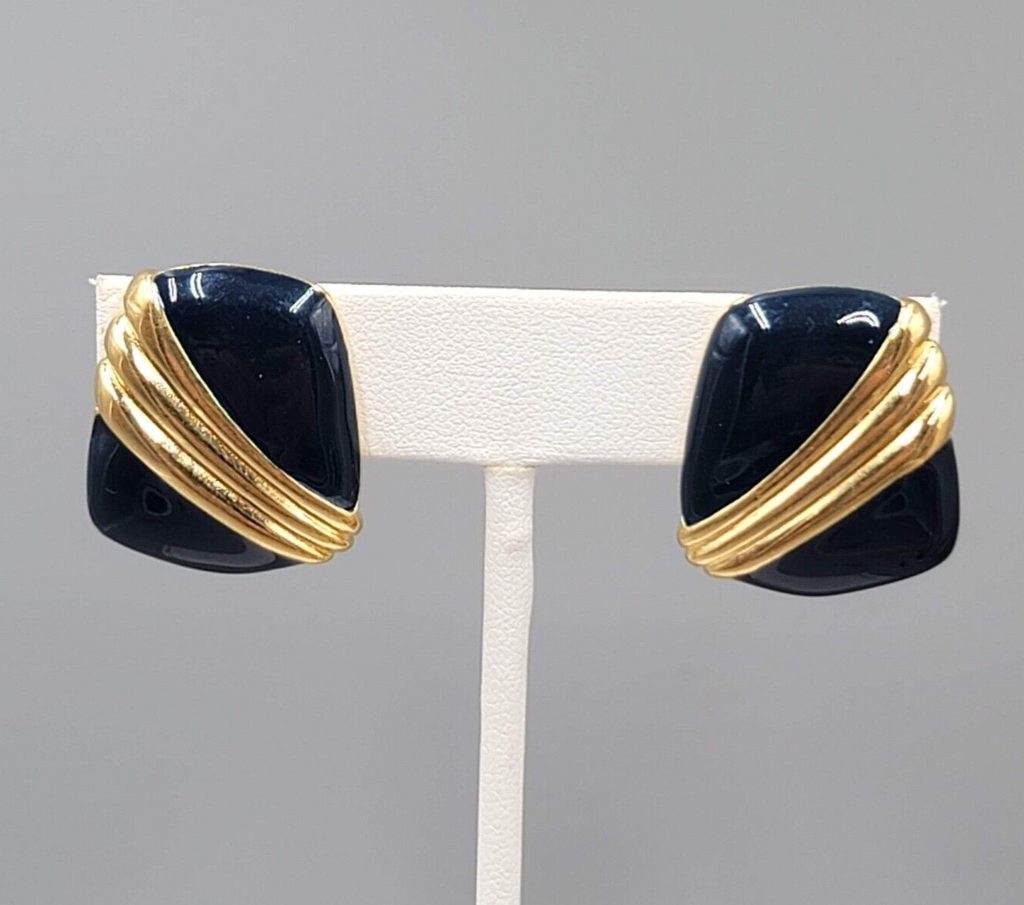 Vintage Monet Clip on Earrings Navy Blue Enamel Drop 7/8"
