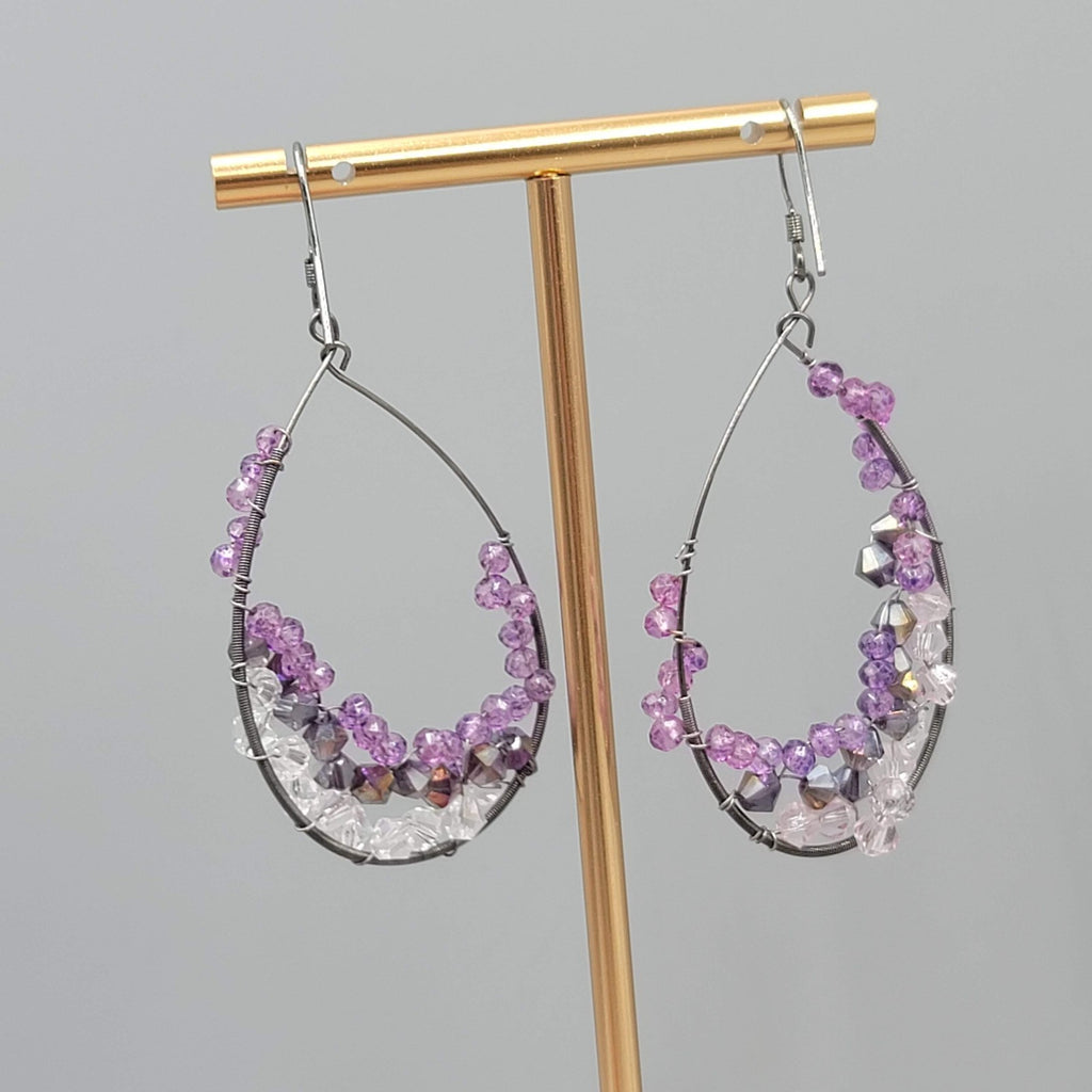 Purple Pink Gray Crystal Wrapped Teardrop Hoops Pierced Earrings 2 in