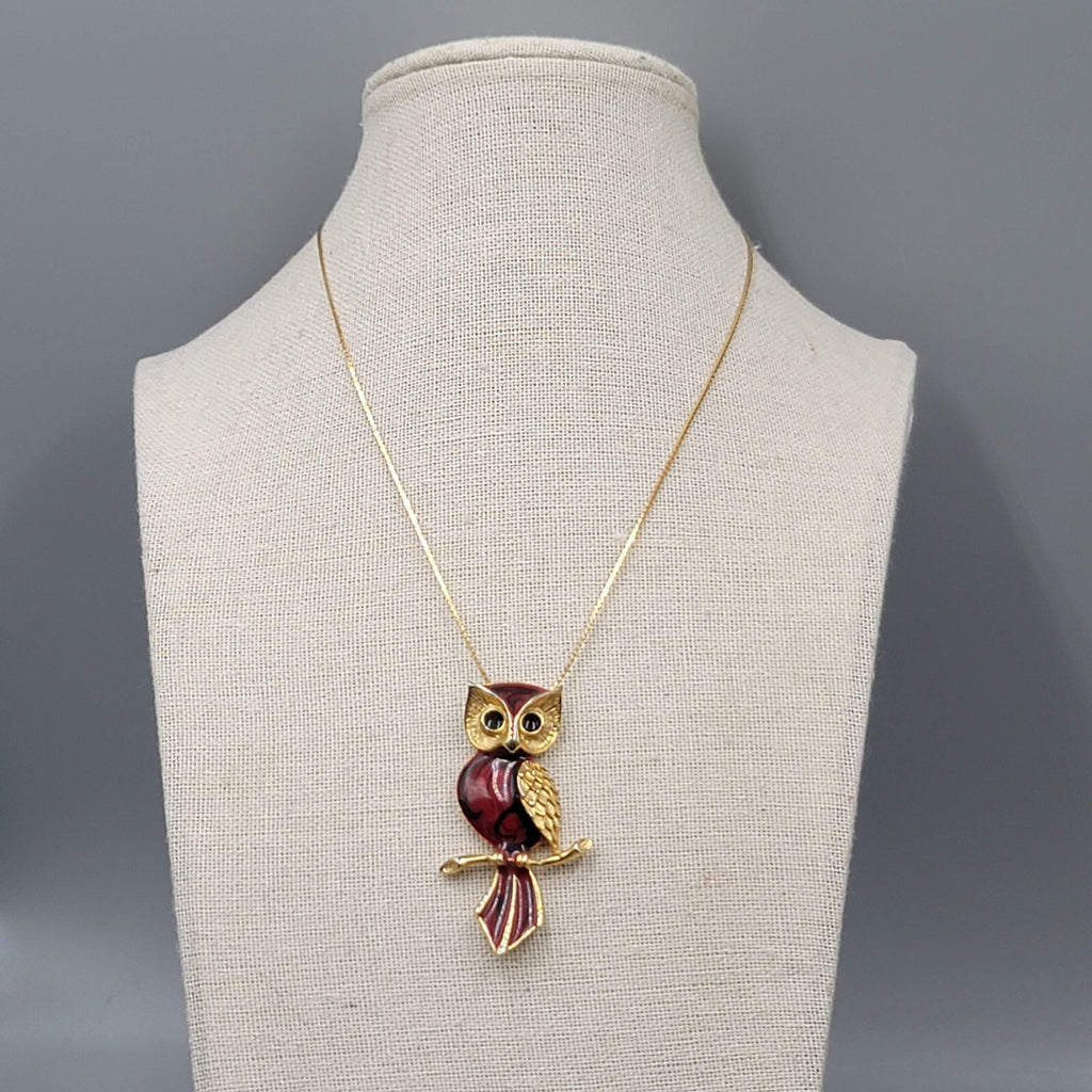 Vintage Red Enamel Owl Pendant Necklace Gold Tone Mid Century Jewelry 16"