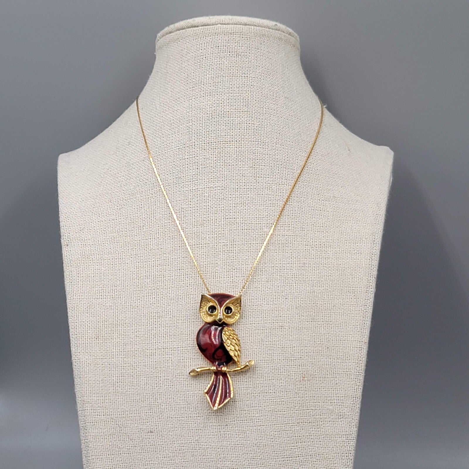 Vintage Red Enamel Owl Pendant Necklace Gold Tone Mid Century Jewelry 16"
