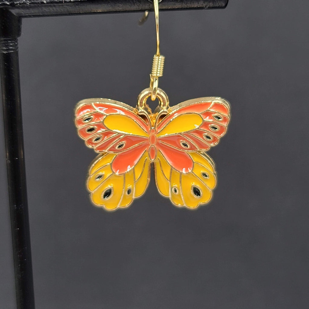 Yellow Moth Enamel Pierced Earrings Gold tone Dangle Butterfly 3/4"