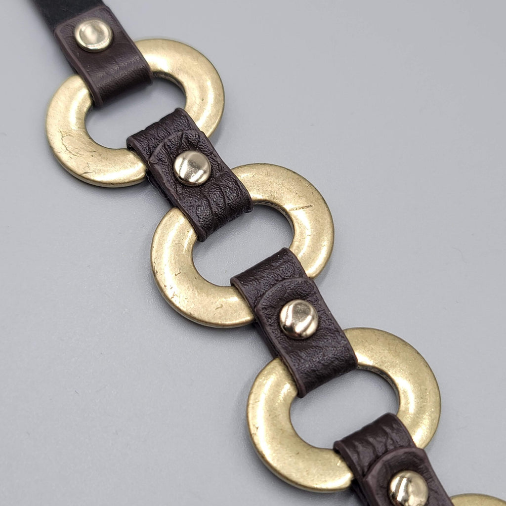 Guang Tong Brown Leather Bracelet Snaps Rhinestones Bronze tone