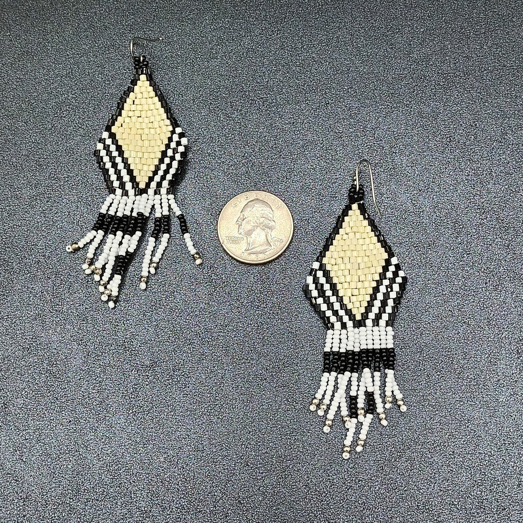 Pierced Earrings Black White Weaved Beads Silver tone Dangle 3.25"