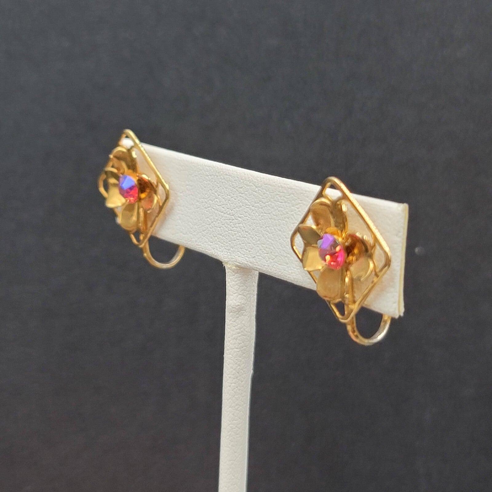 Vtg Clip on Earrings Gold tone Flower Aurora Borealis AB Rhinestone Studs 3/4"